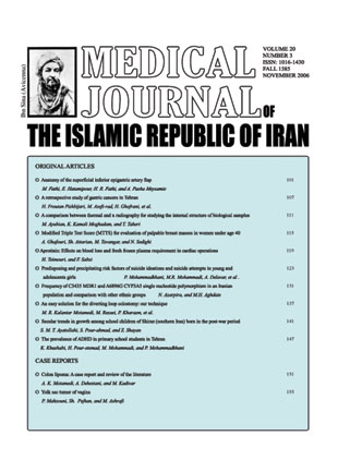 Medical Journal Of the Islamic Republic of Iran - Volume:20 Issue: 3, Autumn 2006